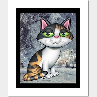 Cute Calico Kitty on grayish winter evening scene Posters and Art